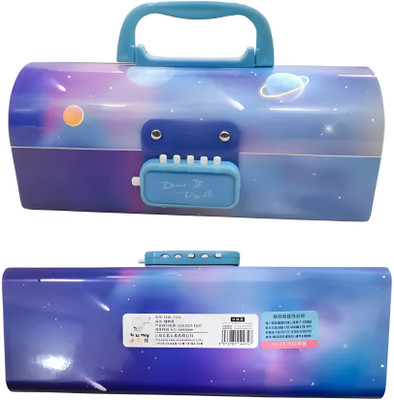 vvn Space-Themed Design Password Code Lock Multi-Layer Compartments Durable Construction Portable and Lightweight Educational Value Unisex Appeal Art Plastic Pencil Box(Set of 1, Blue)