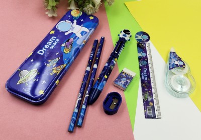 Paper Bear NA Space Art Metal Pencil Box(Set of 8, Blue)