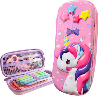 JOY MAKER Big capacity for storing and organizing Pouch Unicorn Art EVA Pencil Box(Set of 1, Pink)