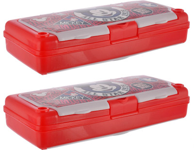 KUBER INDUSTRIES Pencil Boxes Mickey Mouse Printed Art Plastic Pencil Boxes(Set of 2, Red)