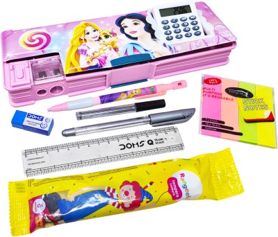 Parteet Best Combo Pencil Box Inbuild Calculator, Sharpener, Dual Compartment Magnetic Lock Scale, Glitter Pen, Lead Pencil, Eraser, Stickey Note, Watercolors For Kids Art Plastic Pencil Box(Set of 1, Multicolor)