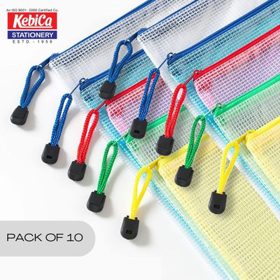 Kebica Multipurpose Waterproof Zipper Pouches Document Holder/Pen Pencil Net Zipper Pouch Art Plastic Pencil Boxes(Set of 10, Multicolor)