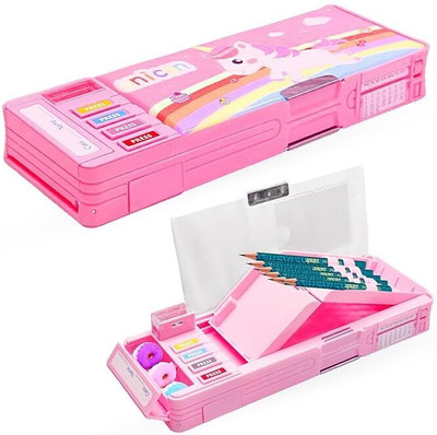 JOY MAKER Quality Multi Compartment Button Operated Cat Pencil Box For Kids Unicorn Art Plastic Pencil Box(Set of 1, Pink)