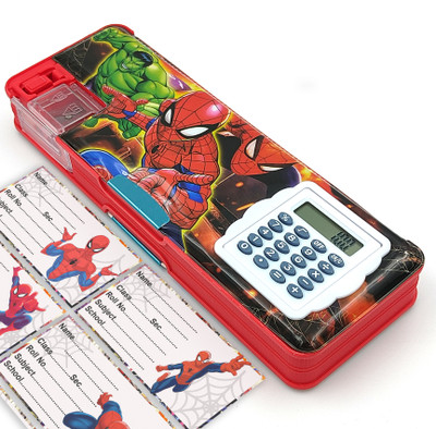 spartone Spiderman Pencil Box with Inbuilt Calculator AND Notebook Stickers For Kids Spiderman Art Plastic Pencil Box(Set of 1, Red)
