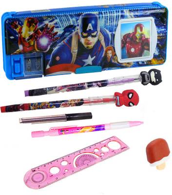 Neel Stationery Gift Set Combo for Kids Captain-America Calculator Geometry Box for Kids Stationery Avenger Pencil/Mechanical Pencil/Scale/Eraser Return Gift Art Plastic Pencil Box