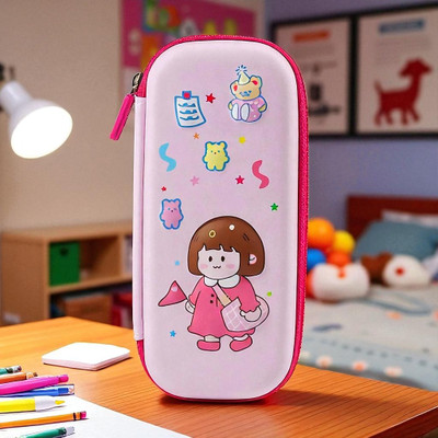 Colorbee Cute Cartoon Girl Pencil Case Pink Birthday Dress Multipurpose Organizer Cartoon Characters, Cute Girl, Stars & Teddy Bear Art Polyester Pencil Box(Set of 1, Multicolor)