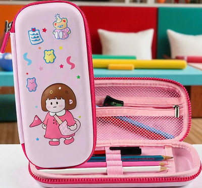 Colorbee Joyful Pink Pencil Holder Cartoon Birthday Girl for Kids School Case Compass Cartoon Characters, Cute Girl, Stars & Teddy Bear Art Polyester Pencil Box(Set of 1, Multicolor)