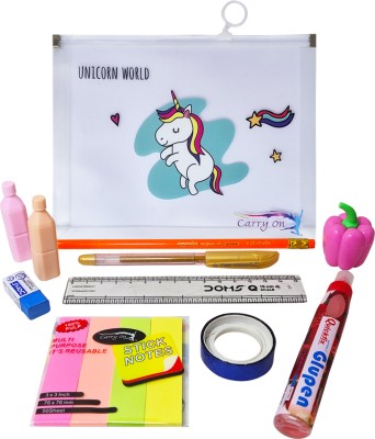 Parteet Premium Combo Transparent Pouch with 1 Pencil, 1 Glitter Pen, 1 Glue, 1 Scale,1 Glitter Tape, 1 Sharpener, 1 Eraser, 2 Highlighter, 1 PKT Stickey Note For Kids Art Plastic Pencil Box(Set of 1, Multicolor)