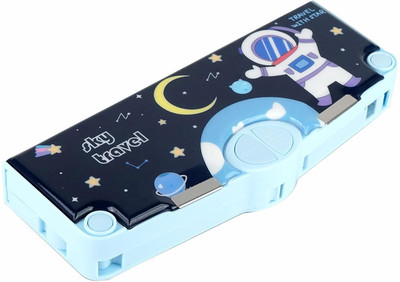 JOY MAKER 4 button pencil compass Magnetic Pencil Case with Sharpener Space Astonaut Pencil Box 4 button with accessories Art Plastic Pencil Box(Set of 1, Blue)