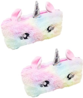 Toxen Unicorn Fur Pouch (Pack of 2) for Stationery and Make Up Kit Unicorn Pencil Bag Colour Plush Pencil Case for Girls School Cute Zipper Art Artificial Leather Pencil Boxes(Set of 2, Multicolor)