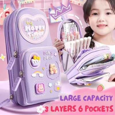 WECAN FASHION HOT SELLING TRENDING FLIPKART RECOMMENDED 3LAYER SOFT SCHOOL STATIONERY LARGE CAPACITY PENCIL POUCH FOR KIDS WITH 3D PATCH Art Canvas Pencil Box(Set of 1, Purple)