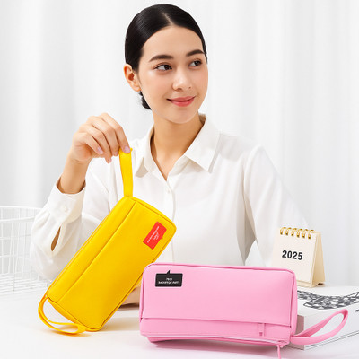 HAPPY SHOPPING STORE smooth zippers, durable stitching, and an easy to carry handle design Durable and lightweight material Art Artificial Leather Pencil Boxes(Set of 2, Yellow, Pink)