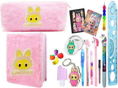 AAPEFLEX Labubu Doll Stationery Combo 16-PCS Set for kids Diary /Fur Pouch and Stationery