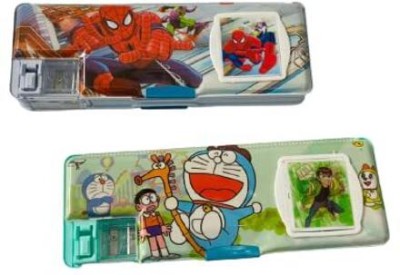 Om Traders Kids Pencil Box with Calculator and Sharpner | Cartoon Printed Magnetic Pencil Box with Calculator (Doremon and Spider Man) | Art Plastic Pencil Boxes(Set of 2, Blue, Green)