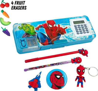 tishna Inbuilt Calculator Combo Cool Spiderman Designed all design -(Multicolor) Art Plastic Pencil Box(Set of 6, Multicolor)