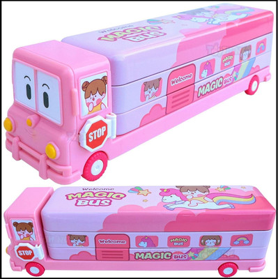 sk bazaar School Bus Metal Pencil Box With Moving Tyres And Sharpner For Kids Cartoon Printed Art Metal Pencil Box(Set of 1, Pink)