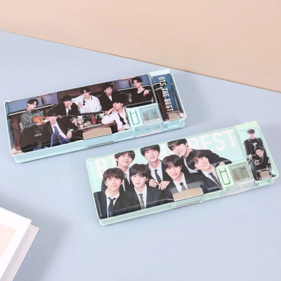 Shivom BTS DOUBLE END MAGNETIC PENICL CASE WITH INBUILT DUAL SHARPENER BTS Art Plastic Pencil Box(Set of 1, Light Green, Light Blue)