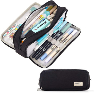 STOVEORAMA Big Capacity 2 Way Compartment Art Canvas Pencil Box(Set of 1, Black)