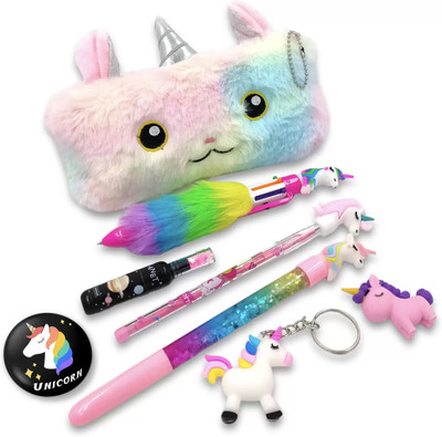 Conjoin Unicorn Designed Art Canvas Pencil Box(Set of 7, Multicolor)