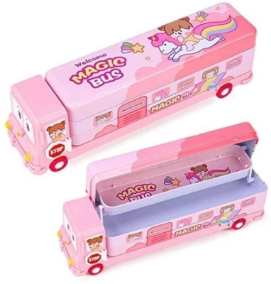 GLOW FIRST Stylish School Bus Geometry Box with Whee Geometry Box Stylish School Bus Art Metal Pencil Box(Set of 1, Pink)