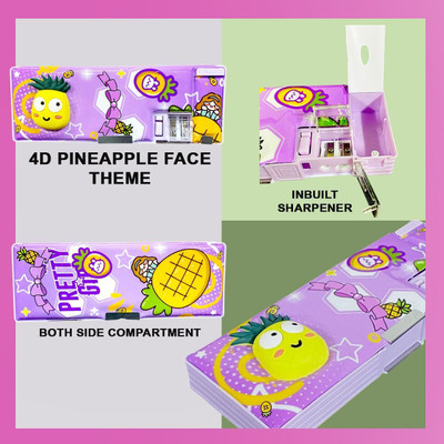 organzee 4D Waterproof Pencil Box | Magnetic Open/Closer Campass Box | Two Side Open | Pineapple Face Design Pencil Box | Best Gifting for School Boys and Girls Art Plastic Pencil Box(Set of 1, Purple)