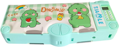 Gold Leaf Dino Theme Multiple Functions Art Plastic Pencil Box(Set of 1, Light Green)