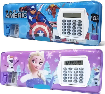 vvn Avenger & Frozen Calculator Pencil Box Combo Cartoon Printed Art Trandy Magnetic Dual Sharpener for Girls & Boys School Cartoon Printed Art Plastic Pencil Boxes(Set of 2, Multicolor)