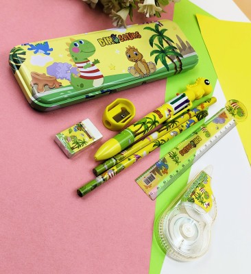 Paper Bear NA Dinosaur Art Metal Pencil Box(Set of 8, Yellow)