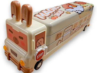 TECHNOCHITRA Rabbit School Bus Pencil Box with Wheels affixed sharpener Art Metal Pencil Box(Set of 1, Multicolor)