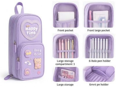 K3NTERPRISES Lavender Pencil Case with Happy Time Bear bear Art Polyester Pencil Box(Set of 1, Purple)
