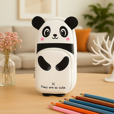 HAPPY SHOPPING STORE Amazing Digital Panda Shape Pencil Pouch/Box 2 Zipper Pockets Super Quality Art Artificial Leather Pencil Box(Set of 1, White)