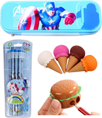 KALRA MAGIC 1Pc Hard Pouch Pencil Box 4Pcs 3D Erasers12 Pcs Pencils Set & 1 Burger Hard Pouch Art Polyester Pencil Box(Set of 1, Blue)