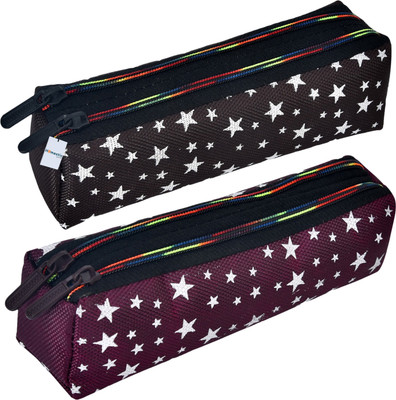 HOMESTIC Pencil Pouch Star Printed Art Canvas Pencil Boxes(Set of 2, Brown, Maroon)