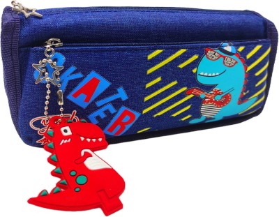 poksi Dino Pencil Pouch for Girls/Boys|Large Mesh Pockets |Multipurpose Pouch for Kids Art Canvas Pencil Box(Set of 1, Blue)
