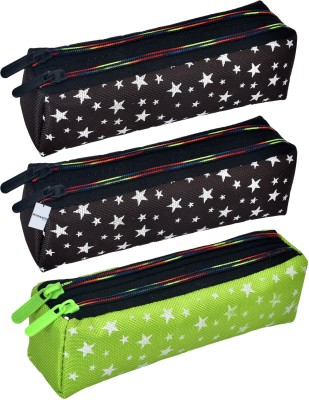 HOMESTIC Pencil Pouch Star Printed Art Canvas Pencil Boxes(Set of 3, Green, Black)