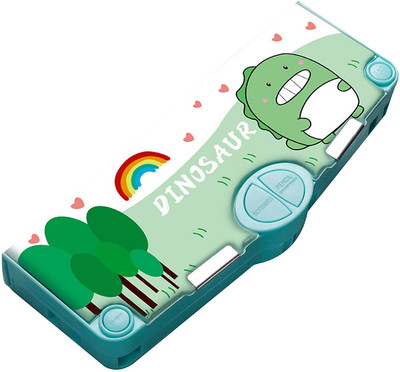 PEACORA 4 button pencil compass Magnetic Pencil Case with Sharpener Green Dinosaur Pencil Box 4 button with accessories Art Plastic Pencil Box(Set of 1, Green)