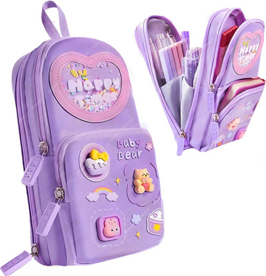 Elecart Large Capacity Pencil Case Bear Art Canvas Pencil Box(Set of 1, Purple)