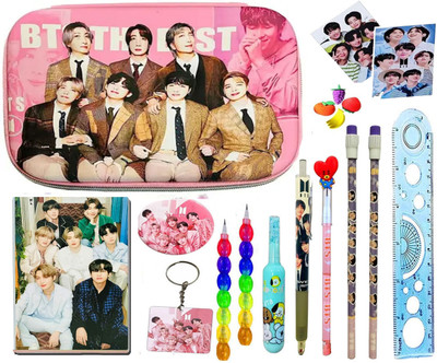 KELOSK BTS Theme Stationery Gift Set for Kids BTS Pencil Pouch Pencil Case for Kids BTS Stationery Pouch with Stationeries Party Favor Retun Gift Birthday Gift for Kids Art EVA Pencil Box(Set of 15, Multicolor)
