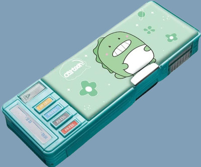 JOY MAKER Multi Compartment Button Operated Dinosaur Green Art Plastic Pencil Box(Set of 1, Multicolor)