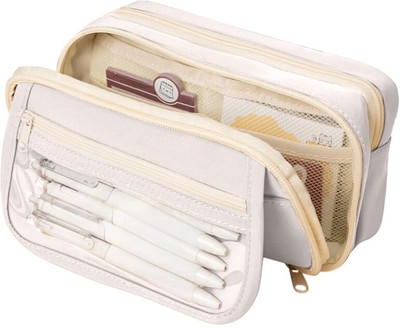 TREXEE Large Capacity 9-Layer Canvas Pencil Pouch for Girls/Boys Aesthetic Stationery Items, Makeup, Accessories, College Essentials for Students Art Canvas Pencil Box(Set of 1, White)