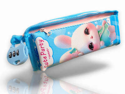 TECHNOCHITRA Cute Pencil Case with Password Lock Blue Rabbit Design, Zipper Pouch for School Girls Art Canvas Pencil Box(Set of 1, Multicolor)