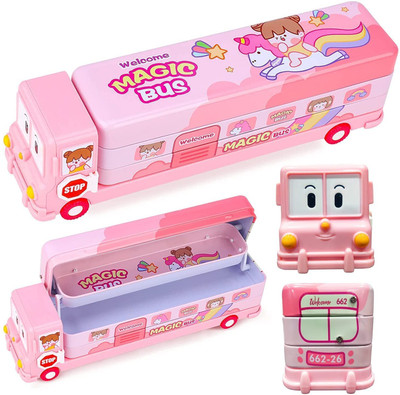 Kidry Magic Bus Shaped Moving Tyres and Sharpener Bus Shaped Art Metal Pencil Box Geometry Box(Pink)
