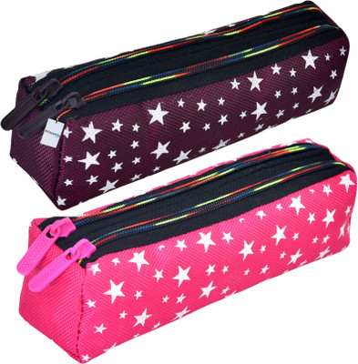 HOMESTIC Pencil Pouch Star Printed Art Canvas Pencil Boxes(Set of 2, Maroon, Pink)
