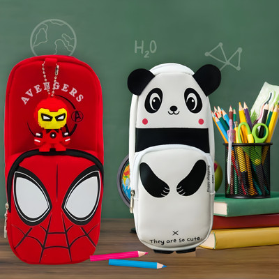 HAPPY SHOPPING STORE Combo Pencil Pouch for kids Super Quality Spiderman Pencil Pouch with attached 3DKeyring and double zipper pocket Panda Pencil Pouch Art Artificial Leather Pencil Boxes(Set of 1, White, Red)