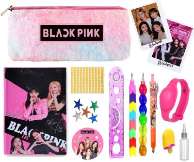 Neel Black Pink BTS Return Gift Stationery Set Combo-14Ps for Black Pink Theme Pencil Pouch/Diary with All Stationery for kids Raksha Bandhan Gift for Return Gift set Art Polyester Pencil Box(Set of 1, Multicolor)
