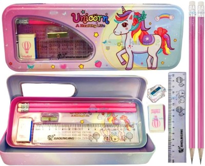 DhyeyCollection Unicorn-Pink-B-560-27 Metal Pencil Box with Pencil, Eraser, Sharpener Set Double Layer Pencil Case Art Metal Pencil Box(Set of 1, Pink)