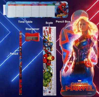 Mannat Marvel Women Pencil Box with Accessories Geometry Box 1 Pencil, 1 Eraser,1 Time-Table Slip, 1 Scale Art Plastic Pencil Box(Set of 1, Multicolor)