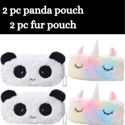 Extraposh 2 PC Panda pouch and 2pc fur pouch Pencil Pouch Soft Toys for Children fur pouch Art EVA Pencil Boxes(Set of 4, Black, Pink, White)