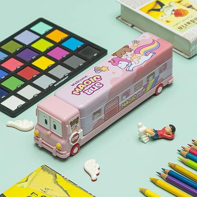 CRAFTY CUDDLE Magic Bus Pencil Box with Moving Wheels and 3 Compartments/ Unicorn Magic Bus Art Metal Pencil Box(Set of 1, Pink)