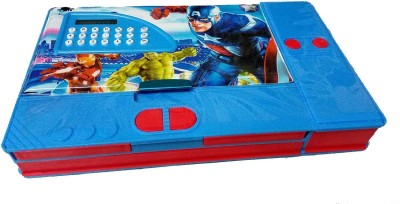 seyblush Jumbo Calculator Superrhero Geometry Box with Both Side Magnetic Compartment superhero Art Plastic Pencil Box(Set of 1, Blue)